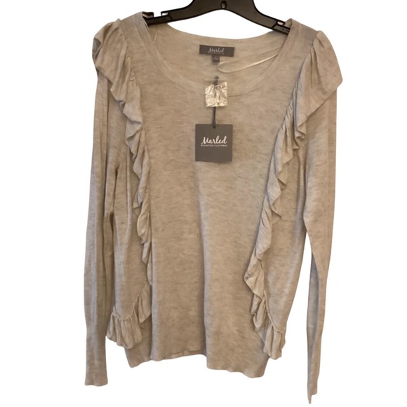 Marled Reunited Clothing Ruffle Sweater L Gray Long Sleeve Lightweight Top NWT - Picture 1 of 7